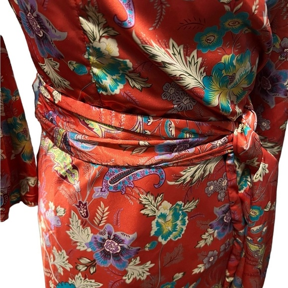 Y Apparel Kimono Style Floral Knee Length Dress Deep Pink Coral Flare Sleeve M - Picture 9 of 12